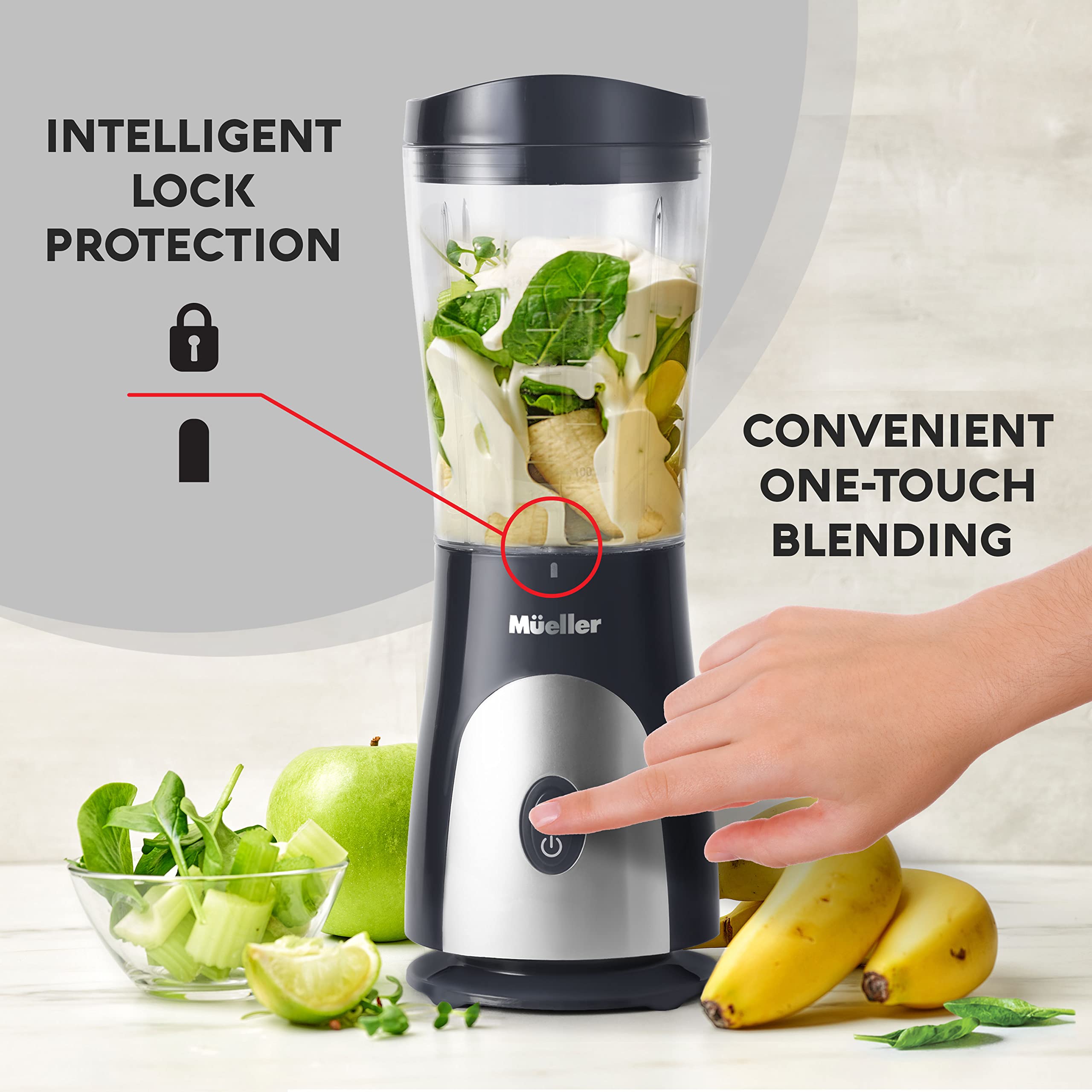 Mueller Personal Blender For Shakes And Smoothies With 15 Oz Travel Cup And Lid, Juices, Baby Food, Heavy-Duty Portable Blender